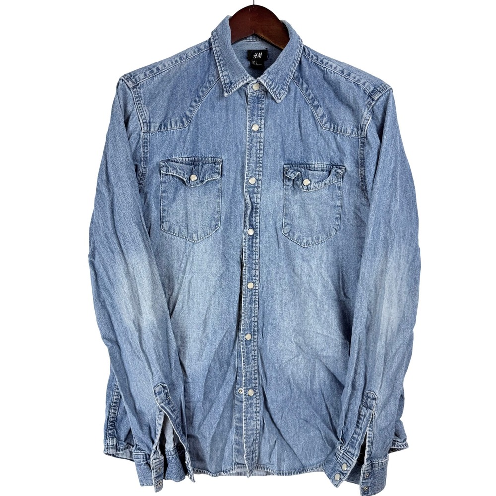 H&M Denim Shirt Mens Large Light Wash Western Snap Front Cowboy Americana Rugged - Picture 2 of 12